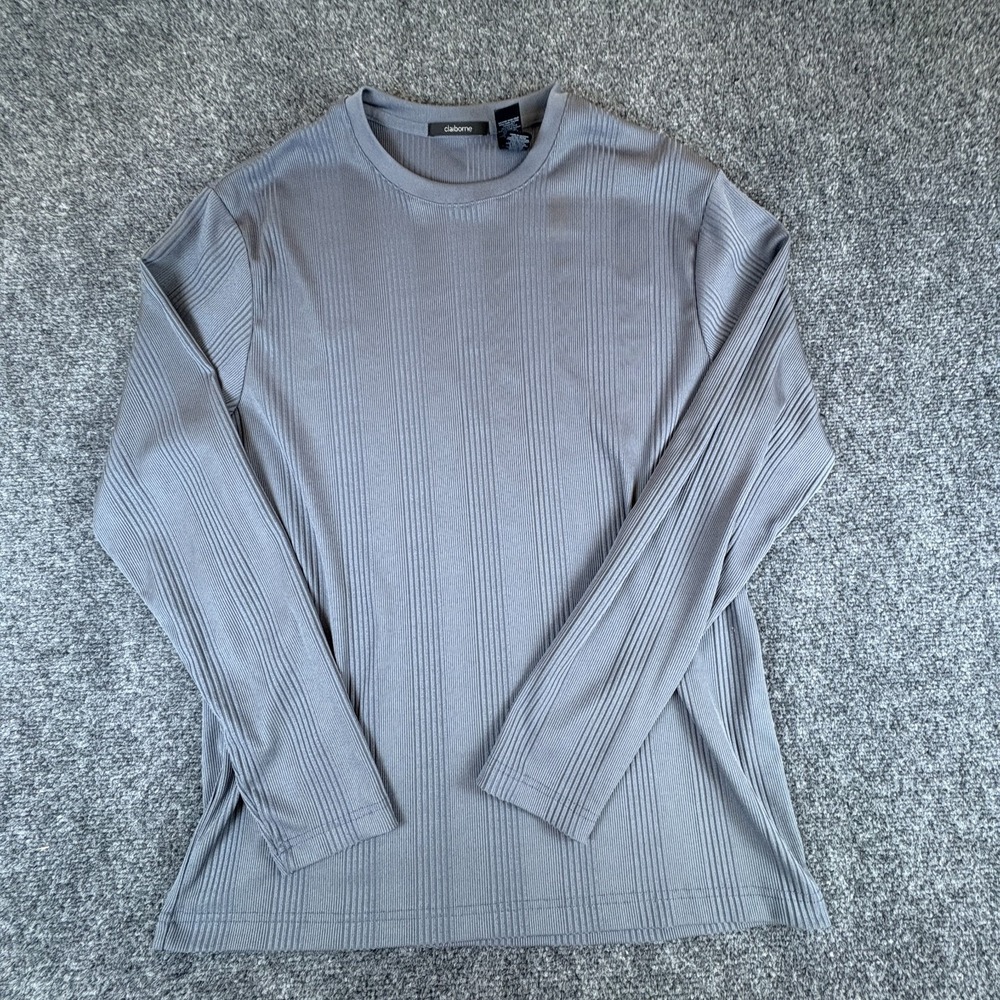 Claiborne Shirt Mens Large Gray Ribbed Knit Stretch Crew Neck Casual Long Sleeve